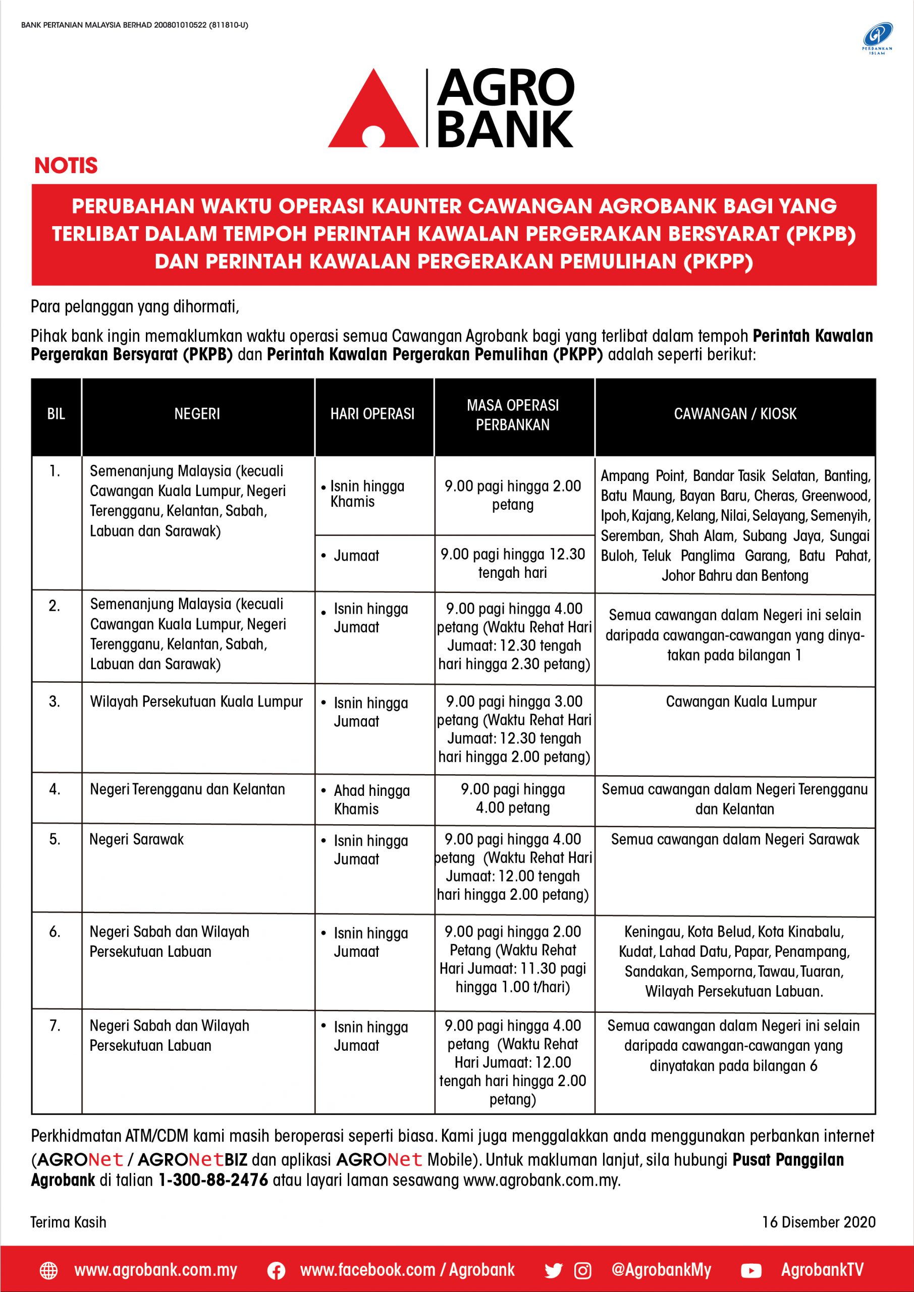 Perubahan Waktu Operasi Kaunter Cawangan Agrobank bagi ...