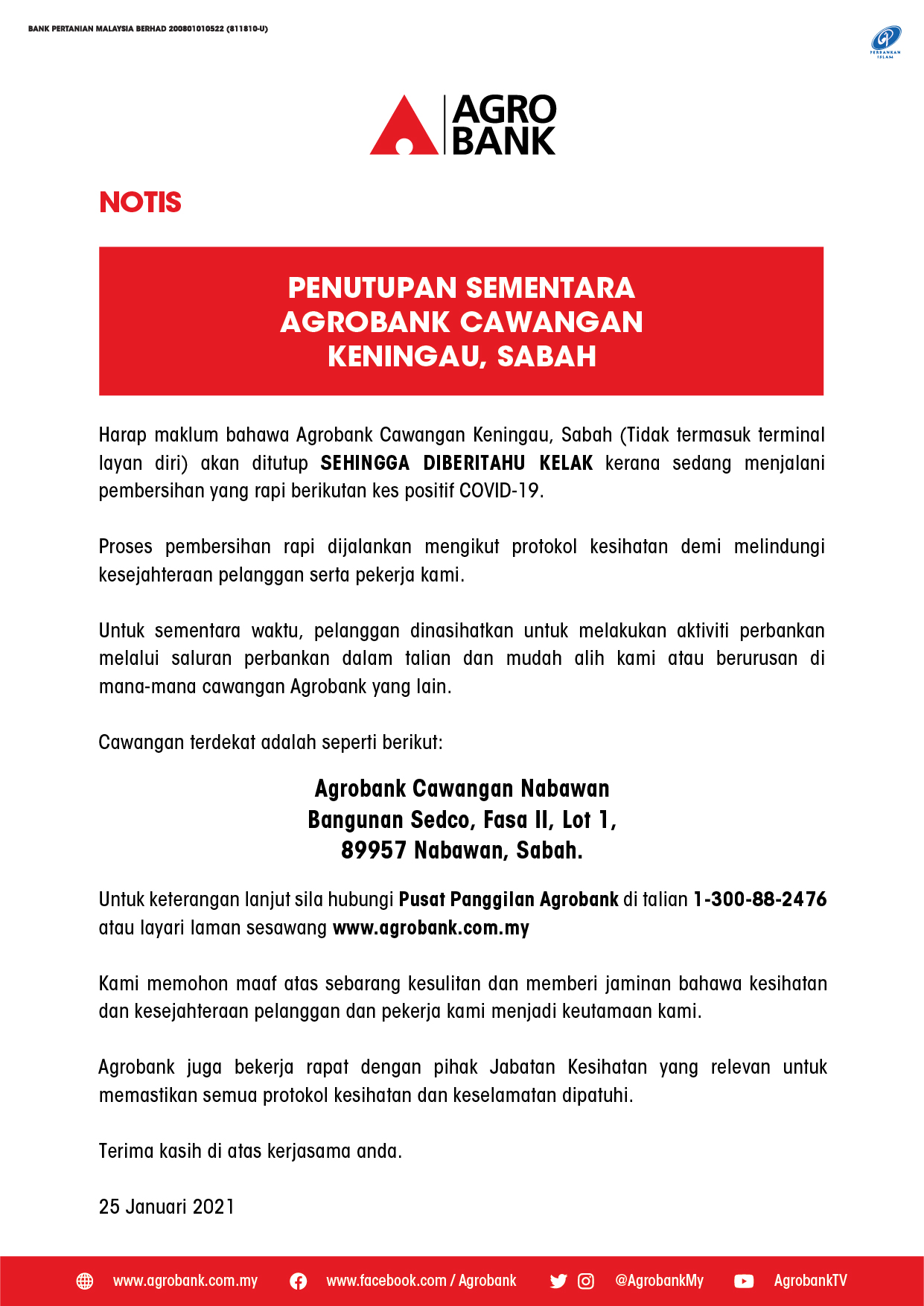 Notis Penutupan Sementara Agrobank Cawangan Keningau Sabah Agrobank