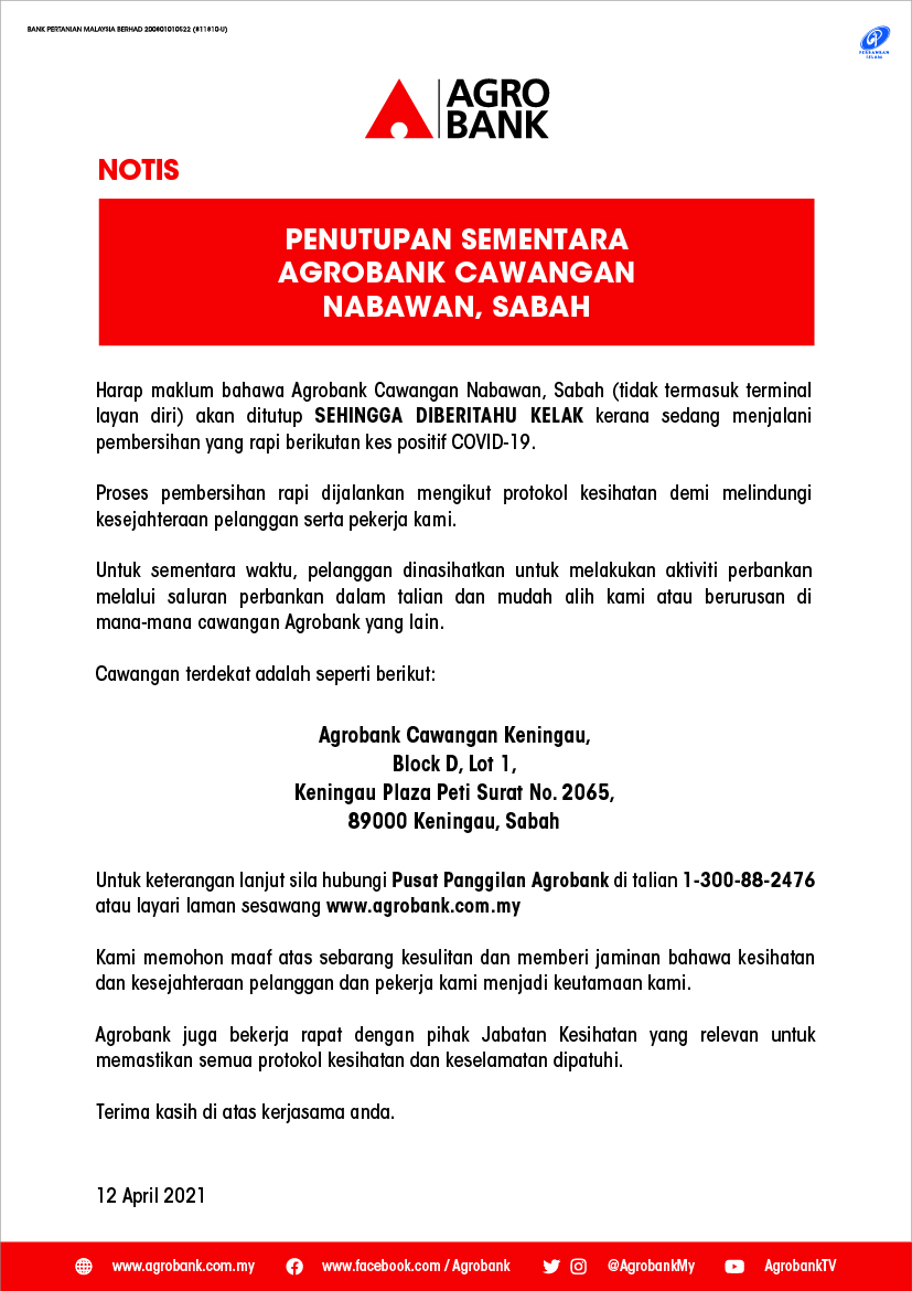 Notis Penutupan Sementara Agrobank Cawangan Nabawan Sabah Agrobank
