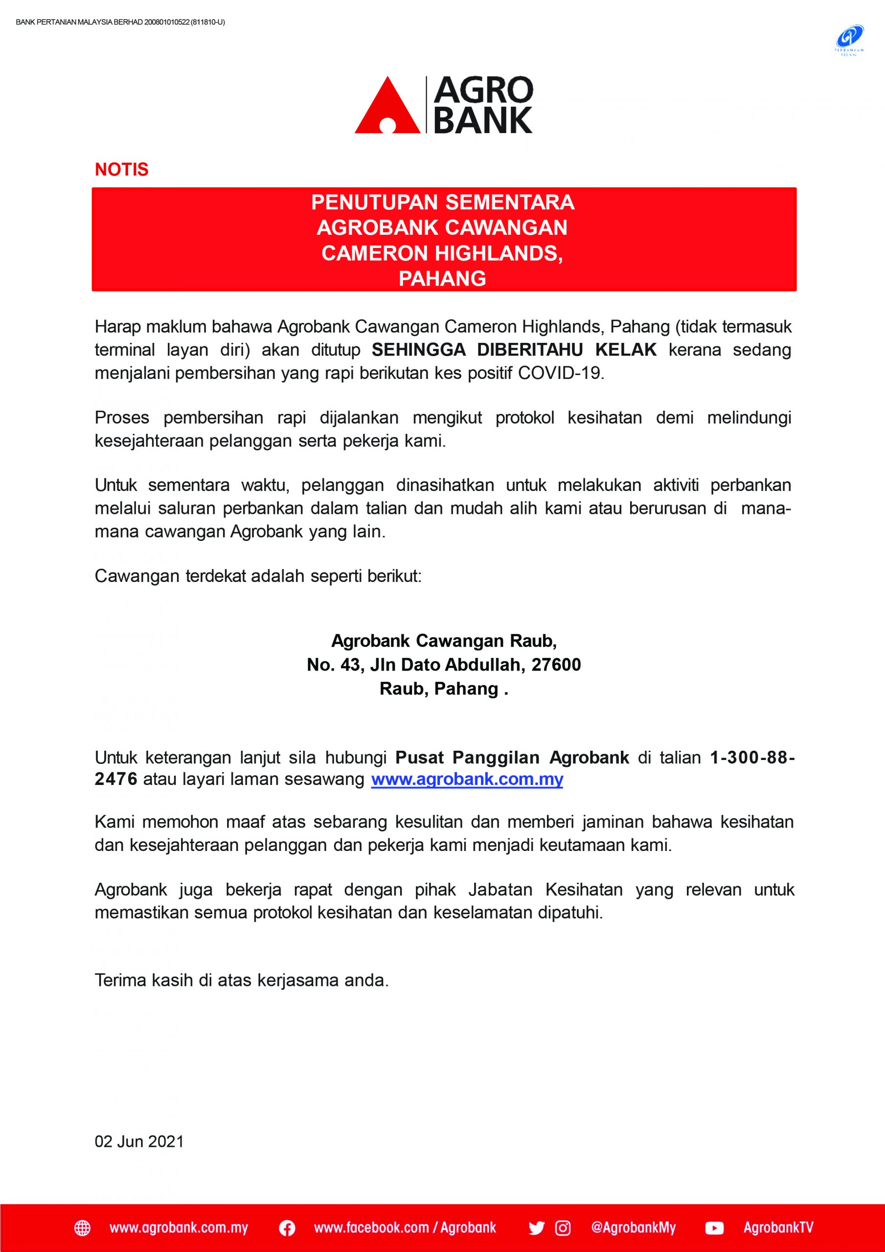 Notis Penutupan Sementara Agrobank Cameron Highlands, Pahang 
