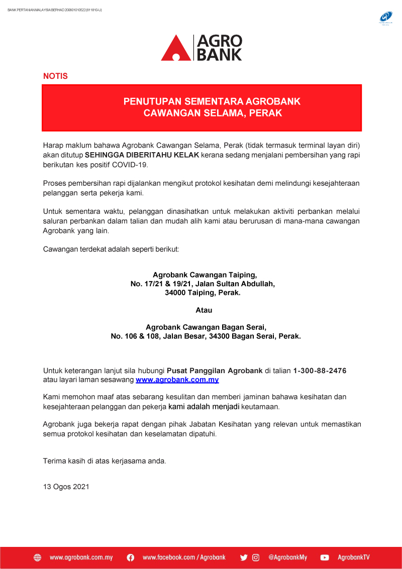 Notis Penutupan Sementara Agrobank Cawangan Selama Perak Agrobank