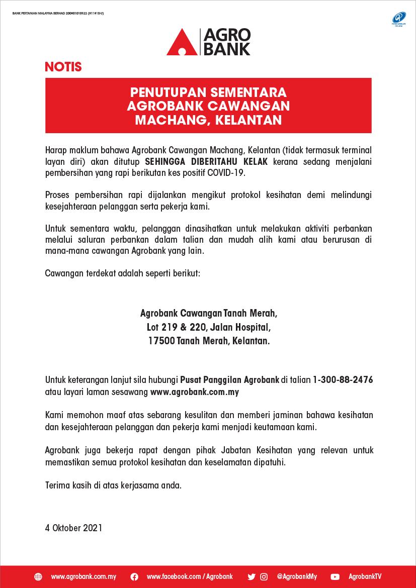 Notis Penutupan Sementara Agrobank Cawangan Machang Kelantan Agrobank