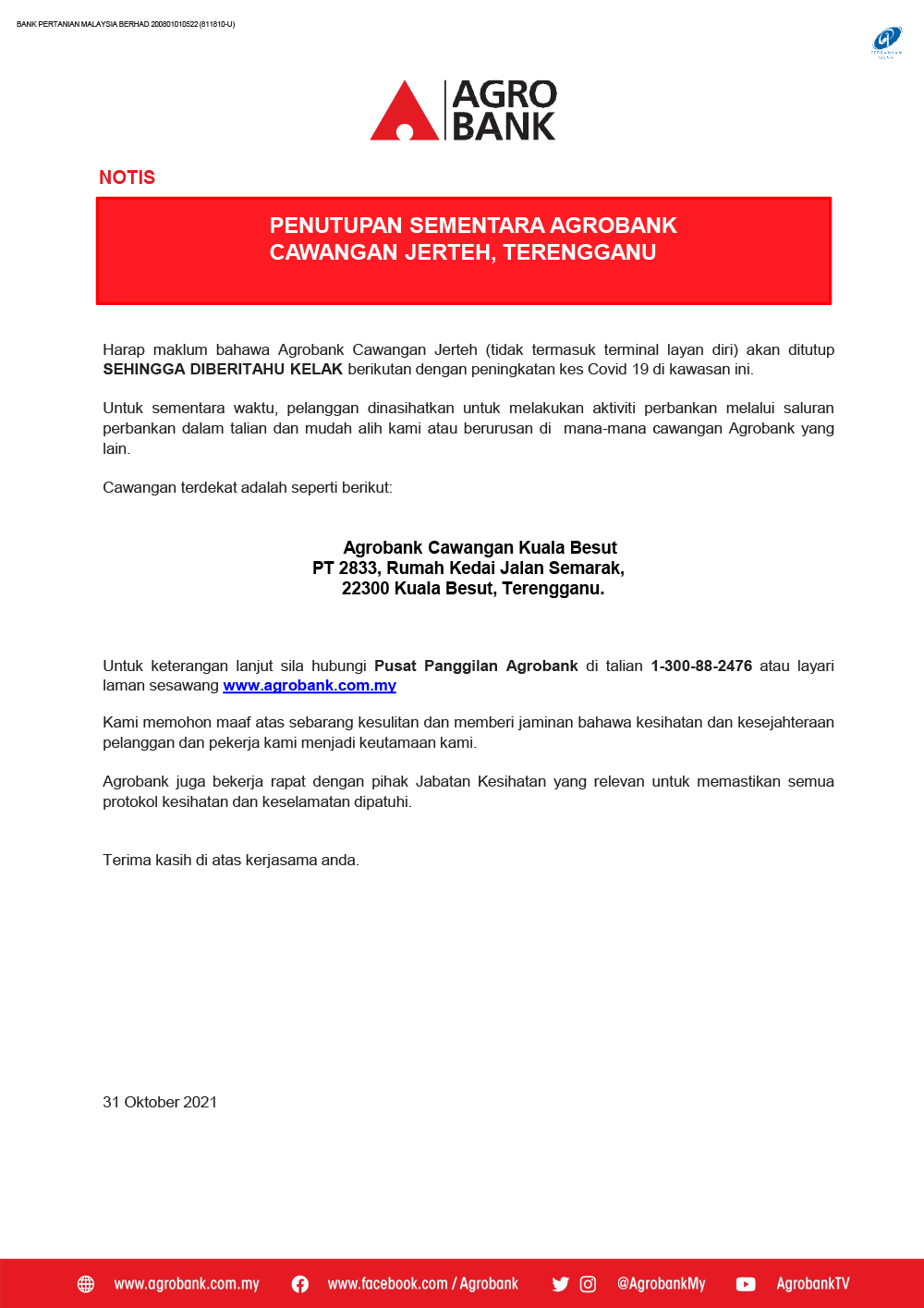 Notis Penutupan Sementara Agrobank Cawangan Jerteh, Terengganu 