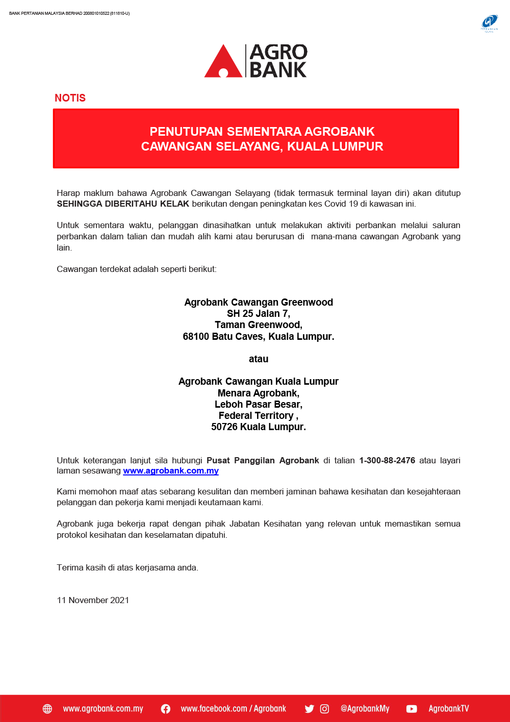 Notis Penutupan Sementara Agrobank Cawangan Selayang Kuala Lumpur Agrobank