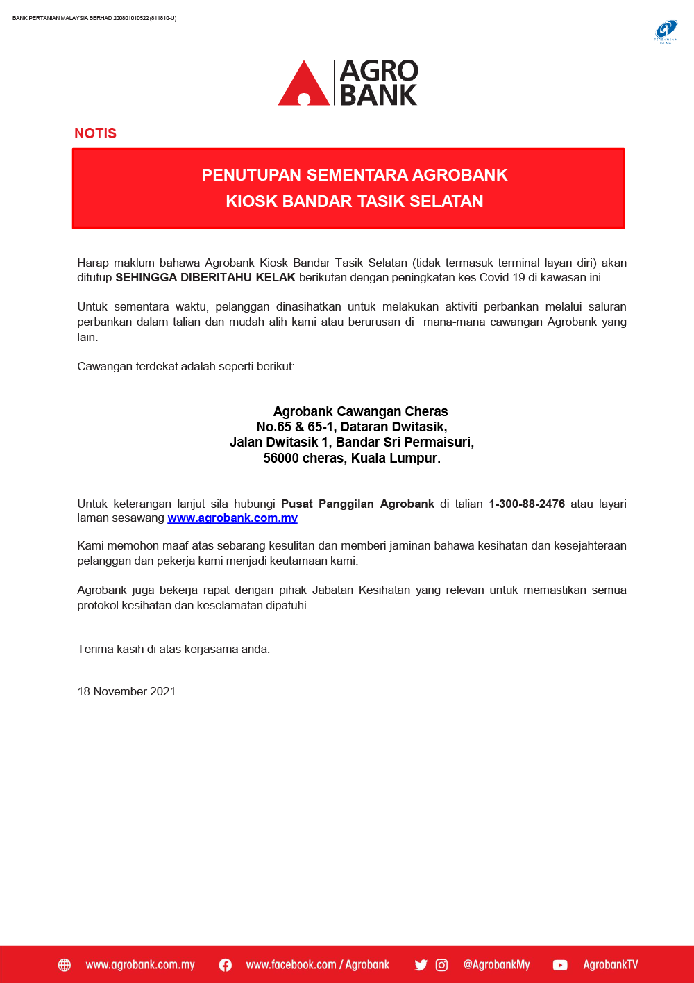 Notis Penutupan Sementara Agrobank Kiosk Bandar Tasik Selatan